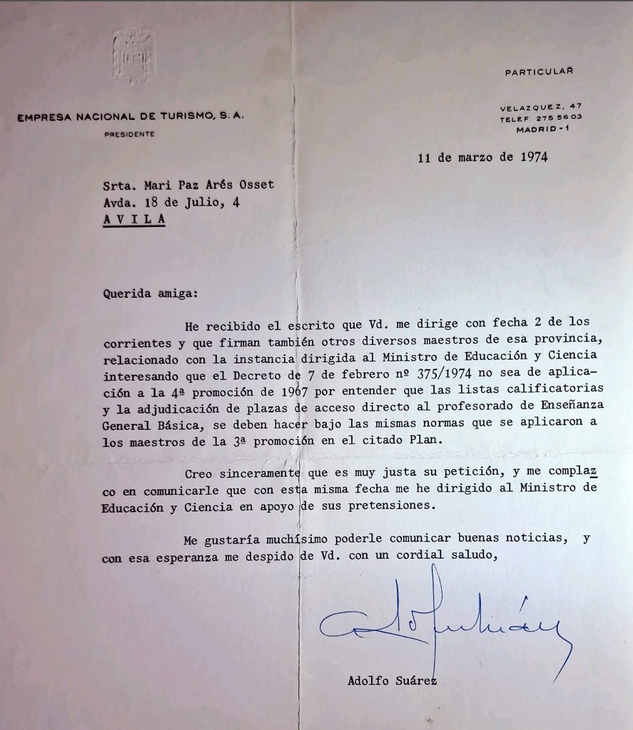 Carta de Adolfo Suárez a Mari Paz Arés Osset, 11 de marzo de 1974